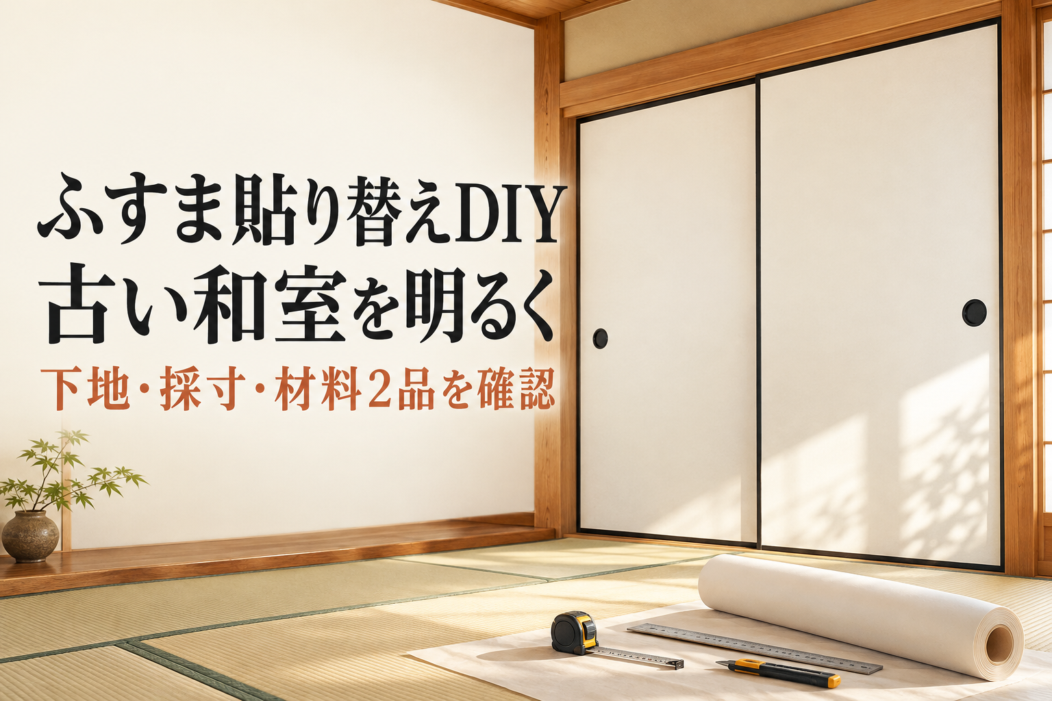 木枠と淡い色のふすまがある和室。ふすま貼り替えDIY、古い和室を明るく、下地・採寸・材料2品を確認の文字