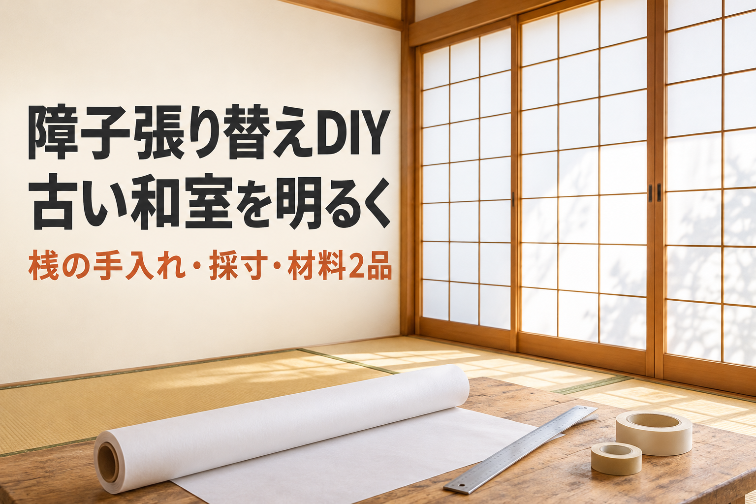 木の桟と白い障子紙がある和室。障子張り替えDIY、古い和室を明るく、桟の手入れ・採寸・材料2品の文字