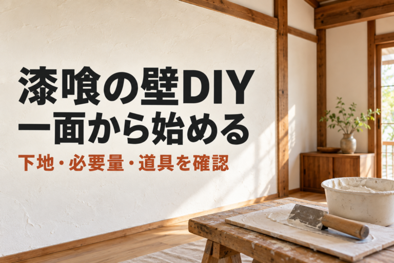 木の柱と白い塗り壁がある古い家の室内。漆喰の壁DIY、一面から始める、下地・必要量・道具を確認の文字