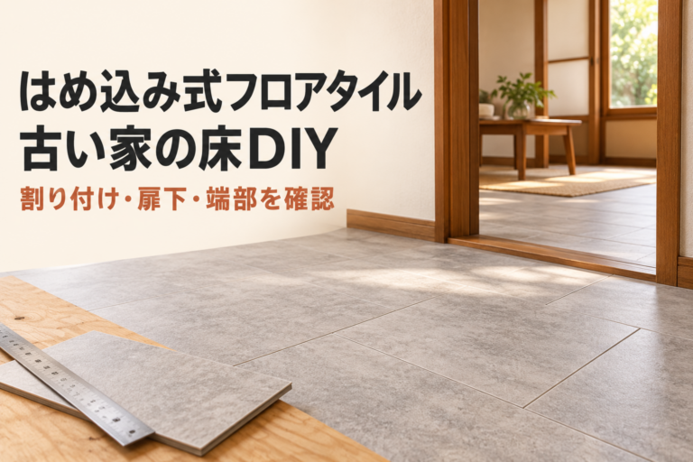 木の建具と淡い石目調タイルの床がある室内のイメージ。はめ込み式フロアタイル、古い家の床DIY、割り付け・扉下・端部を確認の文字