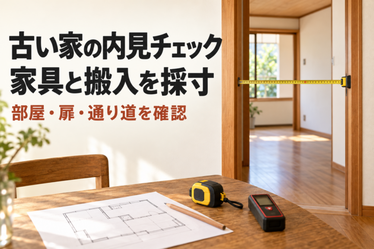 木の建具のある古い家の室内と採寸道具のイメージ。古い家の内見チェック、家具と搬入を採寸、部屋・扉・通り道を確認の文字