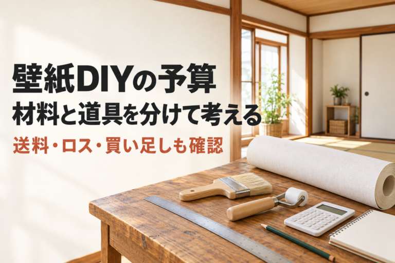 壁紙と施工道具、電卓とノートが置かれた作業机。壁紙DIYの予算、材料と道具を分けて考える、送料・ロス・買い足しも確認の文字