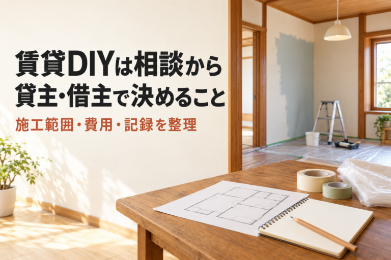 古い家の室内で図面とノート、養生用品を並べた机。賃貸DIYは相談から、貸主・借主で決めること、施工範囲・費用・記録を整理の文字